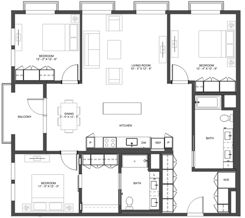 Floor plan for 3 beds, 2 baths, 1612 sqft